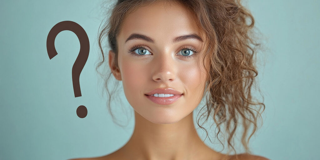 Female model with a question mark looking at camera with questions